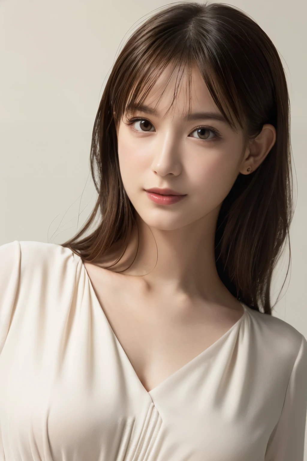 One Girl, (White blouse:1.2), (Beautiful Japanese idol portrait photos),
(Simple background in light colors:1.3),
(RAW Photos, Highest quality), (Realistic, photo-Realistic:1.4), masterpiece, 8K Portrait,
Very delicate and beautiful, Very detailed, 2k wallpaper, wonderful, In detail, Very detailed CG unity 8k wallpaper, 
Very detailed, High resolution, 
Soft Light, Beautiful detailed woman, Very detailed eyes and face, Beautiful and sophisticated nose, Beautiful attention to detail,
Cinema Lighting, Perfect Anatomy, 
Slender body, Small breasts, Medium Hair, Bokeh, Dynamic angles, (Elegant and sophisticated atmosphere), (smile:0.8)