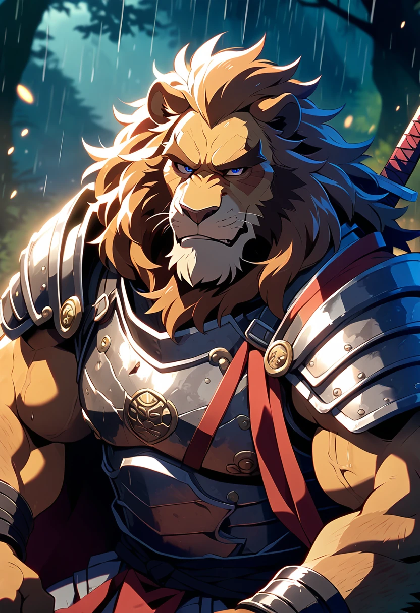 Battlefield, male,40 years old,Grandpa, solitary, ((Round Face, The face is plump,Orange eyes, scars)), ((Endomorph, Handsome,Hot Blood)), (Commander armour,No electricity,exhaustion), ((domestic lion, white lion,) Fluffy fur, Fluffy), Bokeh, (high quality, high resolution, masterpiece), (Dynamic Lighting, Vibrant color), (Revitalize,harm,Disdain), Full body picture (close up), cartoon, author:Takemoto Arashi, From zixiong, By Chunni, author:Empty Ghost,(background:Rainy forest)(by bontiage:1), ultra-detailed, portrait, cinematic lighting, dramatic shadows, moody lighting, gritty, rugged, muscular, grease stained, dirty, mucky, greasy, rough, mature, intense expression, piercing gaze.