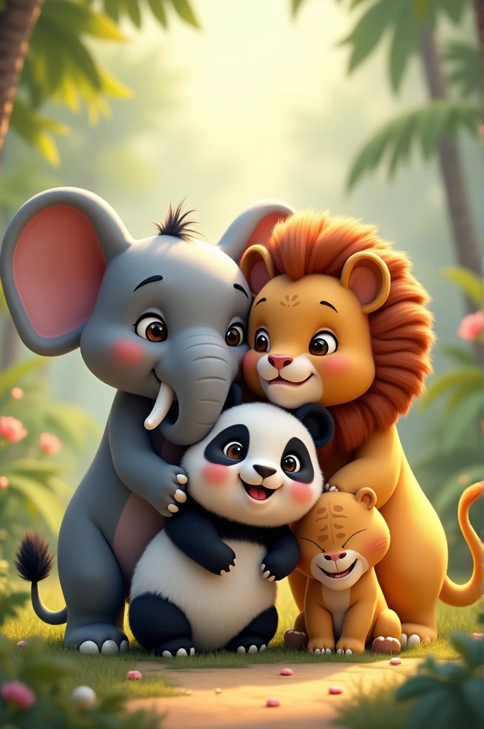 Animal friends helping little lion out of the fire