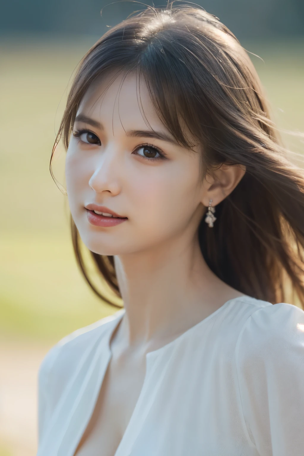 One Girl, (White blouse:1.2), (Beautiful Japanese idol portrait photos),
(Simple background in light colors:1.3),
(RAW Photos, Highest quality), (Realistic, photo-Realistic:1.4), masterpiece, 8K Portrait,
Very delicate and beautiful, Very detailed, 2k wallpaper, wonderful, In detail, Very detailed CG unity 8k wallpaper,
Very detailed, High resolution,
Soft Light, Beautiful detailed woman, Very detailed eyes and face, Beautiful and sophisticated nose, Beautiful attention to detail,
Cinema Lighting, Perfect Anatomy,
Slender body, Small breasts, Medium Hair, Hair blowing in the wind, Bokeh, Dynamic angles, (Elegant and sophisticated atmosphere), (smile:0.8)