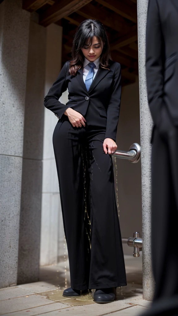 (masterpiece, best quality:1.2), (realistic,photo-realistic:1.4), RAW photo, highres, extremely detailed, intricate details, cinematic lighting, (front view, view from below:1.3), a 30yo japanese female, standing in the office room, (full body,黒いタイツ、 high heels:1.5), large breasts, (fine fabric texture, office lady suit:1.2), detailed eyes, detailed face, fine-textured skin, pale skin, 
(peeing self,urination:1.4),(ashamed:1.2), 
desperate for peeing, wetting her clothes, pee runing down her legs, pee desperation pose, pee desperate face, big pee pudle,
indoors, photo background,