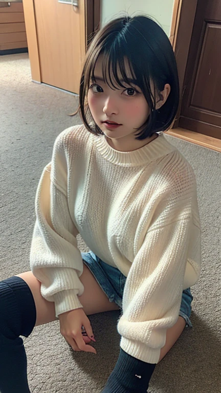 one girl, (a beauty girl, delicate girl:1.3), (13 years old, loli:1.3),
break, nsfw, ((small panties, white panties, camel toe, low-rise panties, lifted sweater), long knit sweater, one-piece:1.1),
break, very fine eye definition, (symmetrical eyes:1.3),
break, (street snap:1.3), perfectly trimmed fingers,
break, small breasts, brown eyes, parted bangs, brown hair,  girl,
break, (eyes and faces with detailed:1.0),
break, (masterpiece, best quality, ultra detailed, detailed face, 8k)