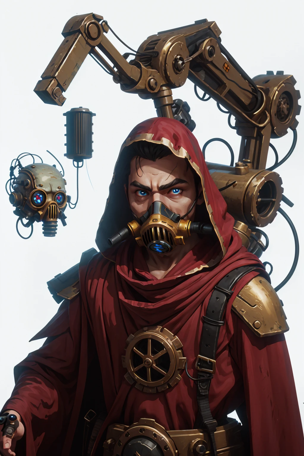 male techpriest in long red robe, gas mask, hood, backpack, mechanical arms, steampunk, hood, robe, techpriest, (mechanical eyes), (upper body portrait), plain white background