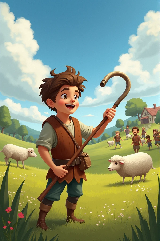 Illustrate a shepherd boy in a field with sheep, looking mischievous as ...