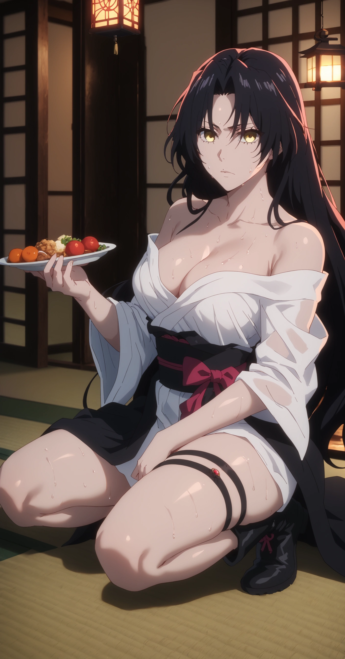 score_9, score_8_up, score_7_up, score_6_up, dominique de sade, long hair, black hair, parted bangs, yellow eyes, BREAK Anime Style, Manga Style, Hand drawn, cinematic, Sharp focus, humorous illustration, big depth of field, Masterpiece, concept art, trending on artstation, Vivid colors, Simplified style, trending on ArtStation, trending on CGSociety, Intricate, Vibrant colors, Soft Shading, Simplistic Features, Sharp Angles, Playful, excessive sweating, sweating profusely, sweating drop BREAK, 1girl, breasts, medium breasts, solo, cleavage, looking at viewer, holding, indoors, thighs, thigh strap, off shoulder, black footwear, bare shoulders, boots, food, wooden floor, squatting, tatami, lantern, white shirt, kneeling