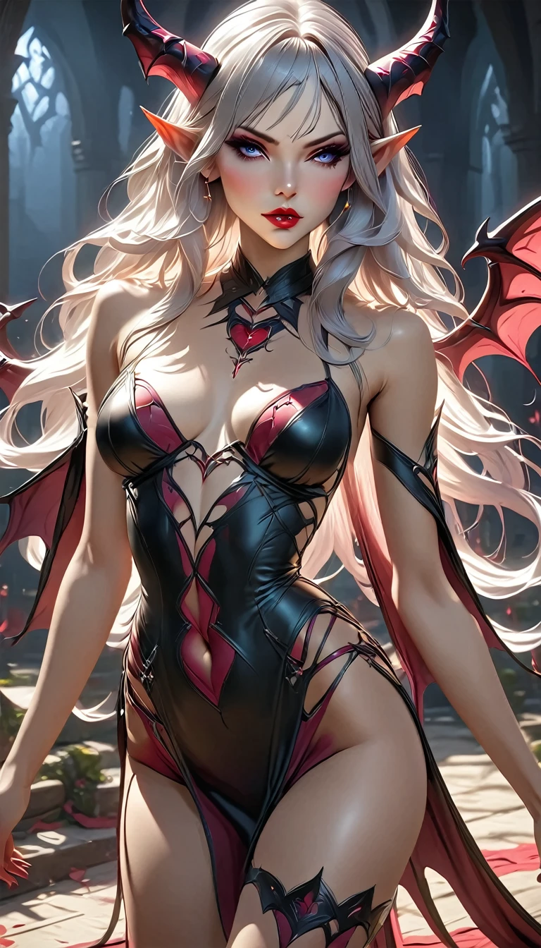 Master painting, 8K picture quality, master painting, 8K picture quality, small chest, demon wings, exquisite eye portrayal, delicate facial features portrayal, delicate body portrayal, delicate makeup depiction, red leather coat, long blonde hair, slender figure, open chest, long legs, ((exposed)) ((injured)) full of blood, looming, gorgeous jewelry, chest