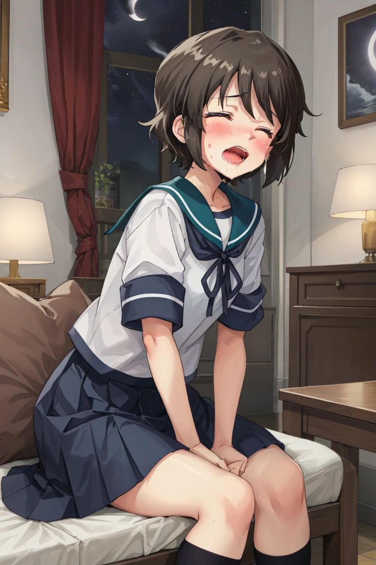 Portrait, official art, best masterpiece, best quality, best resolution, 8K, best detailed, perfect anatomy
BREAK
front view, looking at viewe
BREAK
1small girl, solo, miyukiKC, short hair, dark brown hair, skirt, school uniform, pleated skirt, serafuku, blue skirt, blue sailor collar, (small breasts, child_like build, short stature:1.2)
BREAK
(nsfw, 1small girl, reverse upright straddle, legs together, hetero:1.2), sex from behind, (1boy, trembling, girl_trembling_with_sexual_climax:1.5)
BREAK
(lewd face, blush:1.2), (half closed your eyes), (open your mouth, ahegao, female orgasm)
BREAK
luxurious mansion, living room, (night, midnight, darkness:1.3), very fine and detailed 16KCG wallpapers