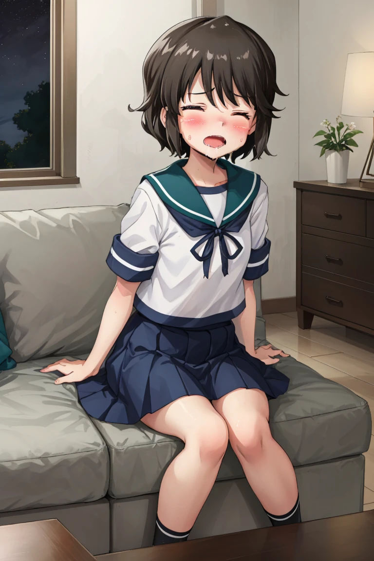 Portrait, official art, best masterpiece, best quality, best resolution, 8K, best detailed, perfect anatomy
BREAK
front view, looking at viewe
BREAK
1small girl, solo, miyukiKC, short hair, dark brown hair, skirt, school uniform, pleated skirt, serafuku, blue skirt, blue sailor collar, (small breasts, child_like build, short stature:1.2)
BREAK
(nsfw, 1small girl, reverse upright straddle, legs together, hetero:1.2), sex from behind, (1boy, trembling, girl_trembling_with_sexual_climax:1.5)
BREAK
(lewd face, blush:1.2), (half closed your eyes), (open your mouth, ahegao, female orgasm)
BREAK
luxurious mansion, living room, (night, midnight, darkness:1.3), very fine and detailed 16KCG wallpapers