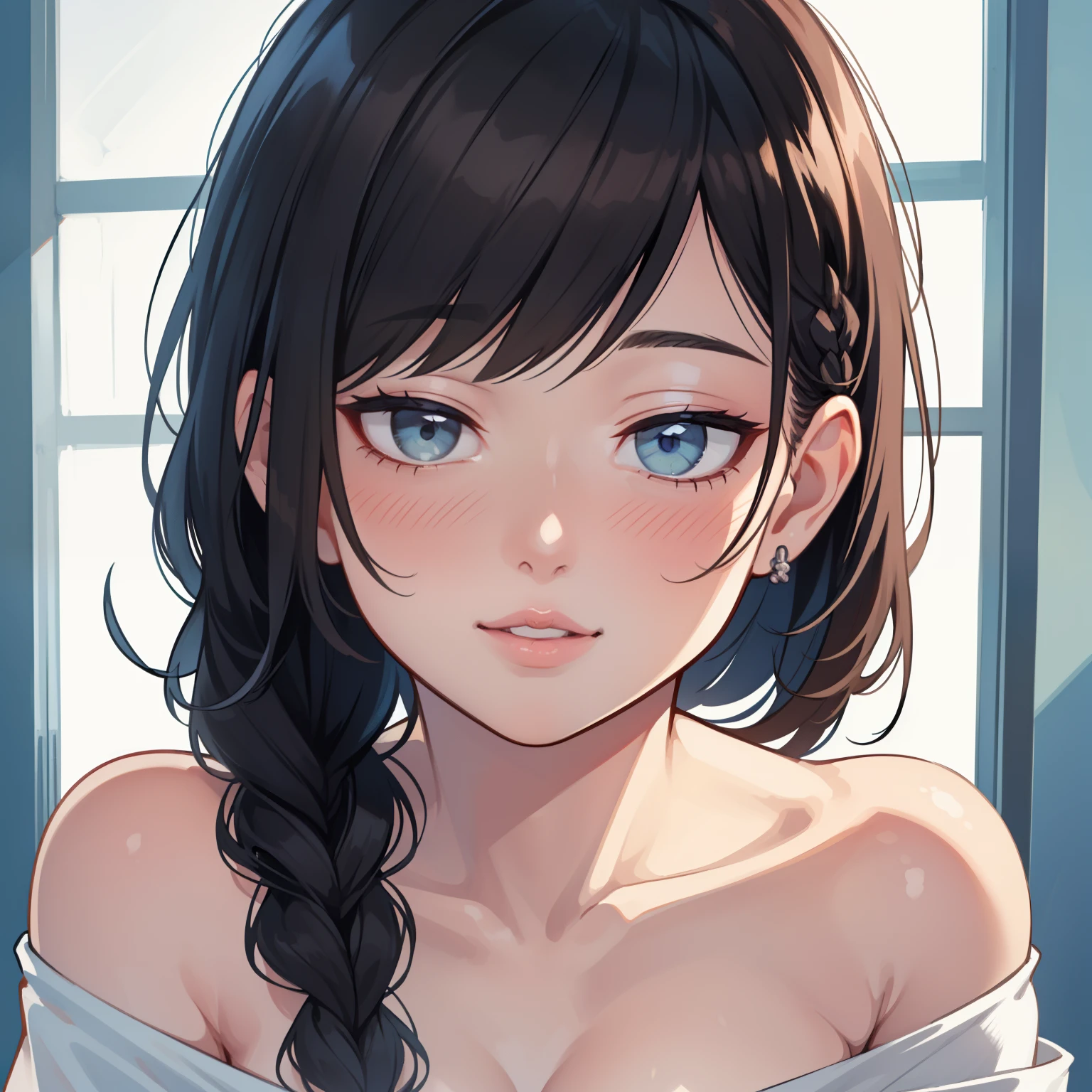 a beautiful woman with long black braided hair, seductive soft eyes, blushing hard, pink parted lips with a seductive smile, long neck and collarbone, medium chest and cleavage, wearing an off-shoulder t-shirt exposing her bare shoulders, (best quality,4k,8k,highres,masterpiece:1.2),ultra-detailed,(realistic,photorealistic,photo-realistic:1.37),intricate details,highly detailed face,extremely detailed eyes and face,longeyelashes,beautiful detailed lips,extremely detailed skin,cinematic lighting,warm color tones,chiaroscuro lighting,romantic,sensual,intimate,alluring,captivating