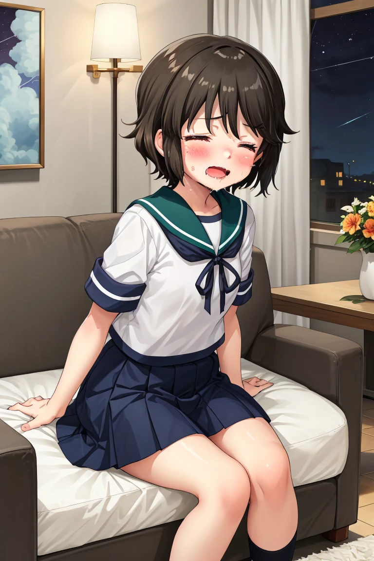 Portrait, official art, best masterpiece, best quality, best resolution, 8K, best detailed, perfect anatomy
BREAK
front view, looking at viewe
BREAK
1small girl, solo, miyukiKC, short hair, dark brown hair, skirt, school uniform, pleated skirt, serafuku, blue skirt, blue sailor collar, (small breasts, child_like build, short stature:1.2)
BREAK
(nsfw, 1small girl, reverse upright straddle, legs together, hetero:1.2), sex from behind, (1boy, trembling, girl_trembling_with_sexual_climax:1.5)
BREAK
(lewd face, blush:1.2), (half closed your eyes), (open your mouth, ahegao, female orgasm)
BREAK
luxurious mansion, living room, (night, midnight, darkness:1.3), very fine and detailed 16KCG wallpapers