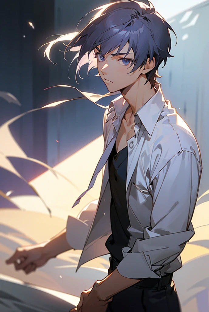 1boy, detailed, Makoto Shinkai Style, detailed hair, cinematic lighting, high-resolution, lean build, perfect quality face, high quality, masterpiece, manhwa style, best quality, anime style, detailed violet beautiful eyes, silver hair, open shirt