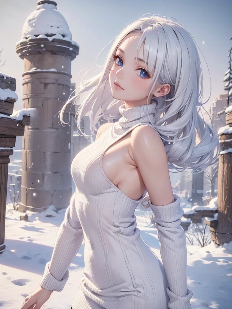 masterpiece:1.5, highquality. 1girl, turtleneck sweater, sideboob, white hair, medium breasts, bright skin. background:winter ruins, snow fall