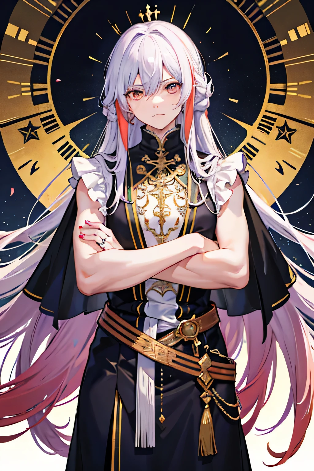 ((best quality)), ((masterpiece)), (detailed), highres, 1male, grumpy, frowning, arms crossed, hair between eyes, absurdly long hair, long hair tied back, gradient hair, multicolored hair, irisless eyes, jitome, fair skin, towering, stocky, with a tattoo, adult, Revelation Scene, dynamic angle, King of Tindalos, male