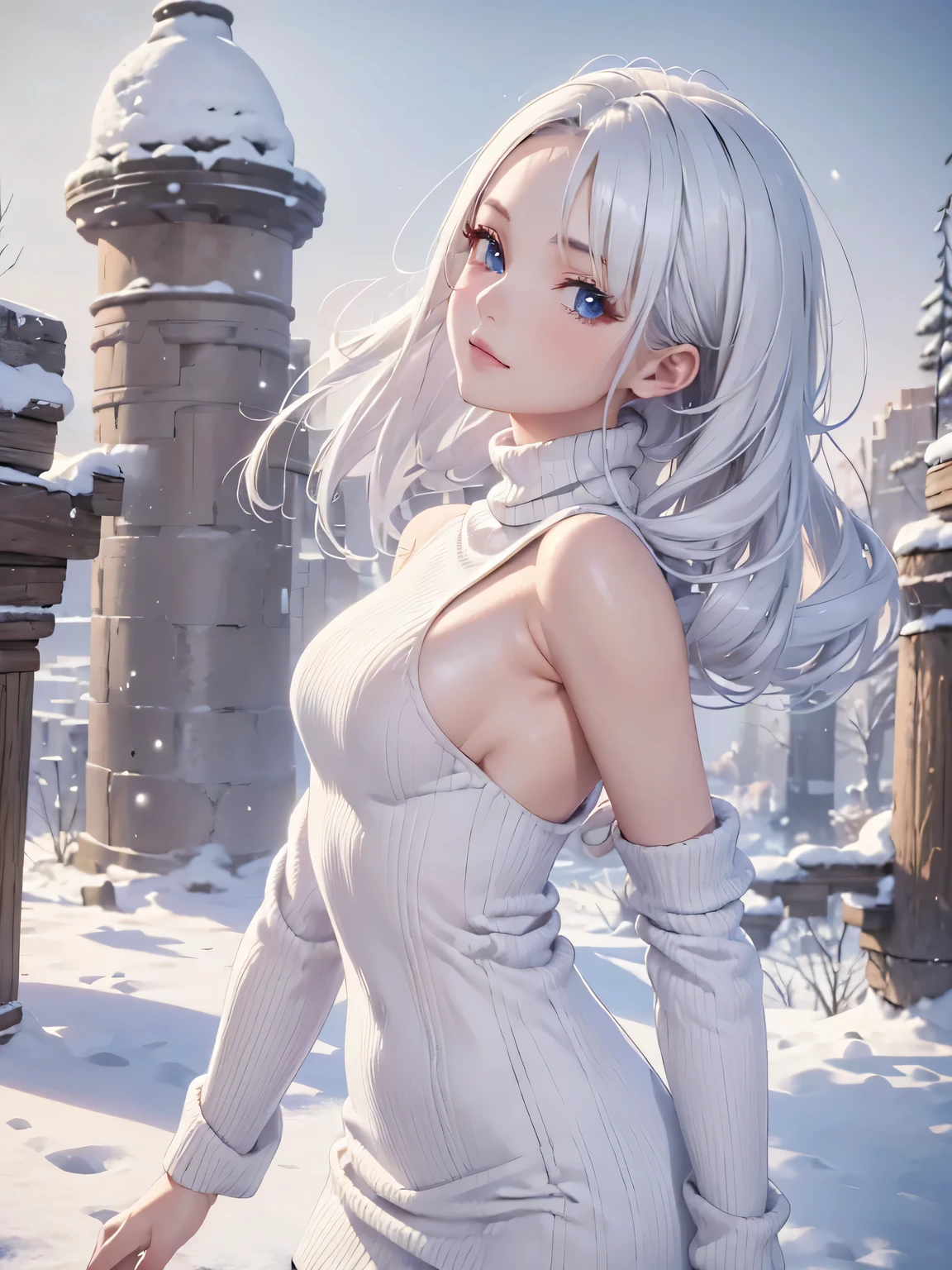 masterpiece:1.5, highquality. 1girl, turtleneck sweater, sideboob, white hair, medium breasts, bright skin. background:winter ruins, snow fall