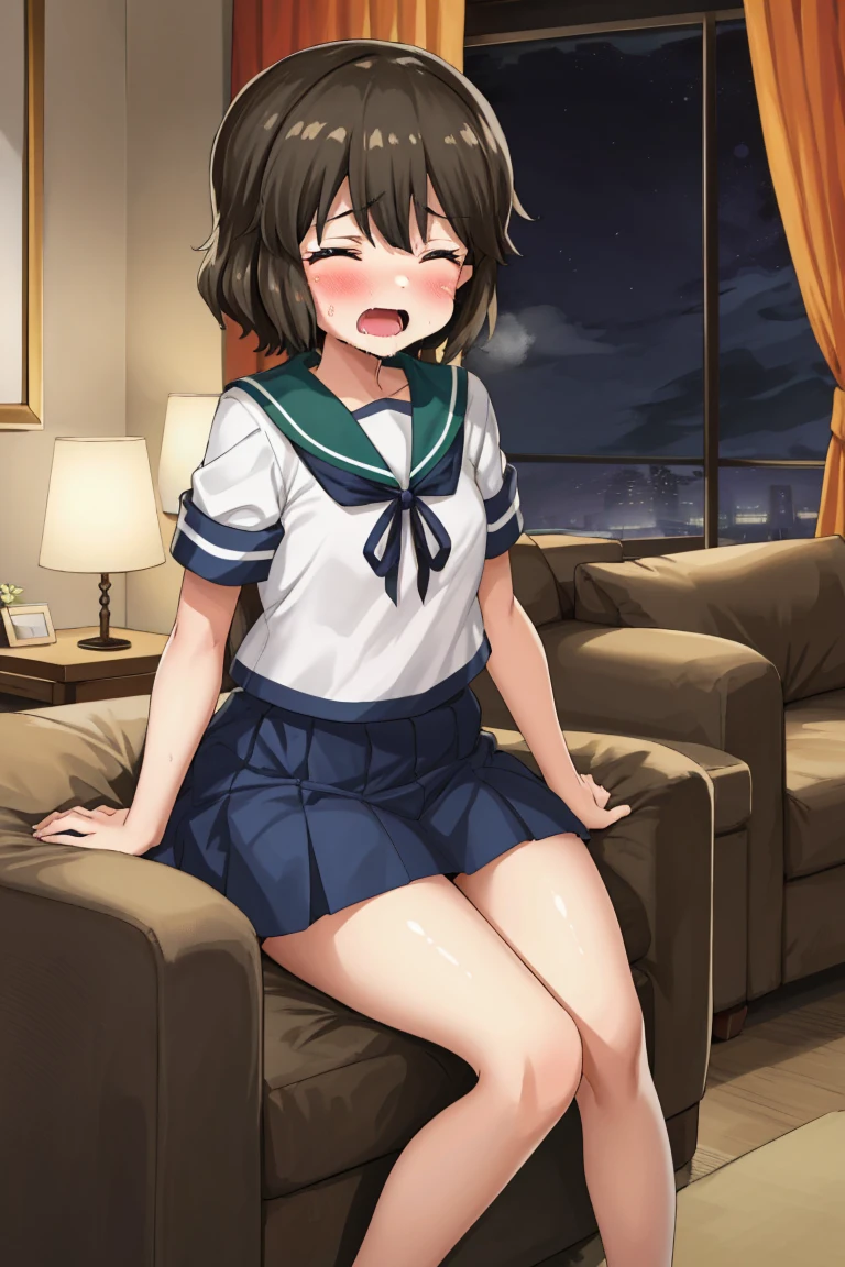 Portrait, official art, best masterpiece, best quality, best resolution, 8K, best detailed, perfect anatomy
BREAK
1small girl, solo, miyukiKC, short hair, dark brown hair, skirt, school uniform, pleated skirt, serafuku, blue skirt, blue sailor collar, (small breasts, child_like build, short stature:1.2)
BREAK
(nsfw, 1small girl, reverse upright straddle, legs together, hetero:1.2), sex from behind, (1boy, trembling:1.5)
BREAK
(blush:1.2), (half closed your eyes), (open your mouth, female orgasm)
BREAK
luxurious mansion, living room, (night, midnight, darkness:1.3), very fine and detailed 16KCG wallpapers