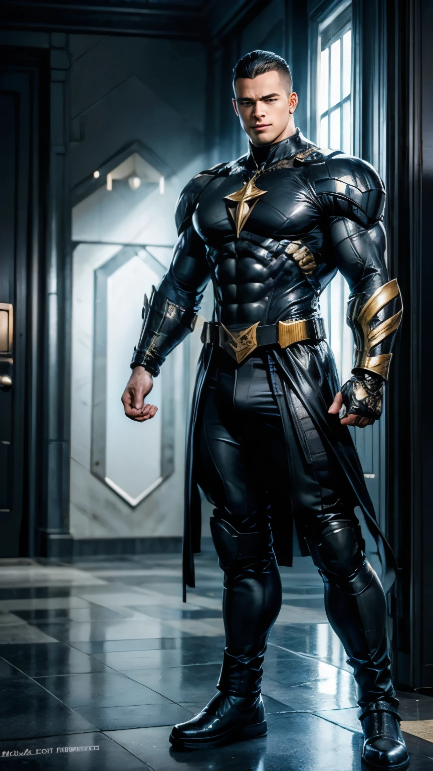 d_Clark, a strong young man, 20 year, natural blue eyes, military style hair, malicious smile, standing, wearing Black Adam&#39;s uniform, face detailed, scene of a night alley, buildings with neon lights, digital art high quality, work of art, hyperrealisti, face detailed.