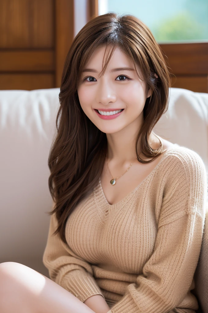 ((Large knit sweater))、Fluffy hair、smile、((Sitting on the sofa))、((Sitting with legs crossed))、((Big Boobs))、((Highest quality、8k、masterpiece:1.3))、Ultra-high resolution、(photoGenuineistic:1.4)、RAW Photos、Japanese,(detailed aspects)、Genuine、Photographed in natural light、Highly detailed face and skin texture、Highly detailed lips、The correct state of the human body、Brown Hair、((I can see your thighs))、Natural color lip、Semi-long hair、Simple Necklace、Full body photo