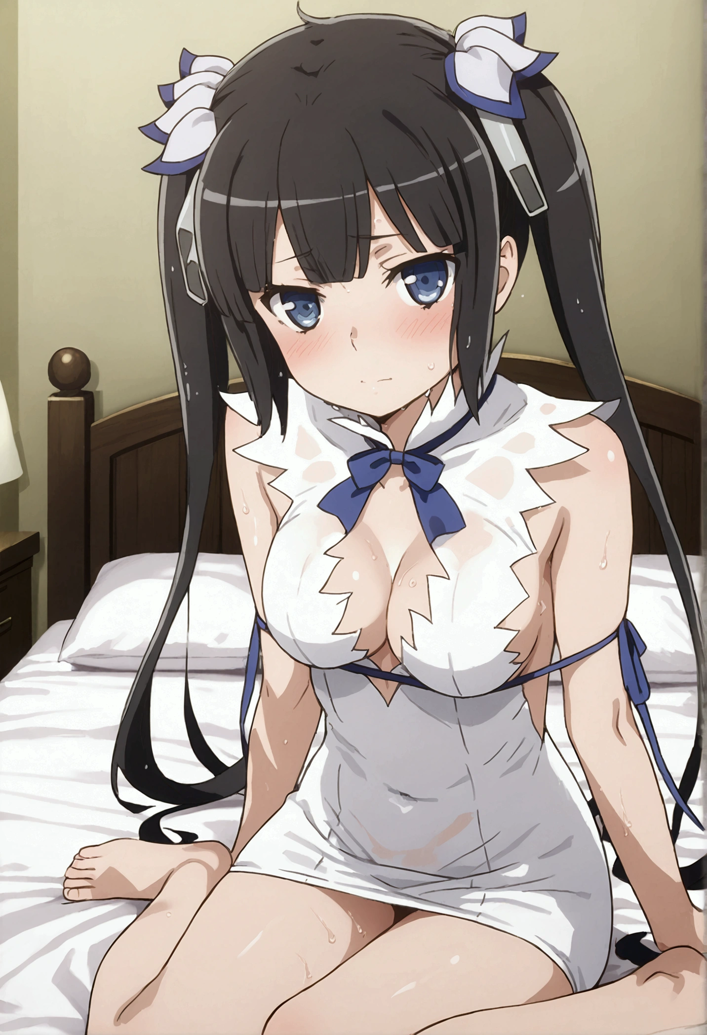 hestia, black hair, blue eyes, long hair, twin tails, white dress, center opening, blue ribbon, rei no himo, blushing, Shy, seductive pose wet with sweat, sit, seductive face, Direct view, looking at viewer, bedroom, full body