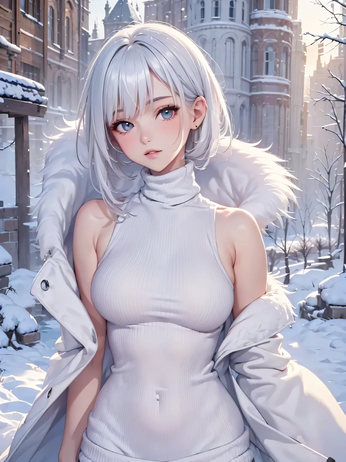 masterpiece:1.5, highquality. 1girl, turtleneck sweater, sideboob, white hair, fur coat, medium breasts, bright skin. background:winter ruins, snow fall