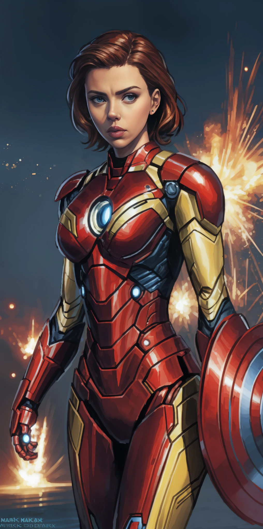 Scarlett Johansson in Iron Man armor: Mark XLIX Rescue Armor, Detailed costume design