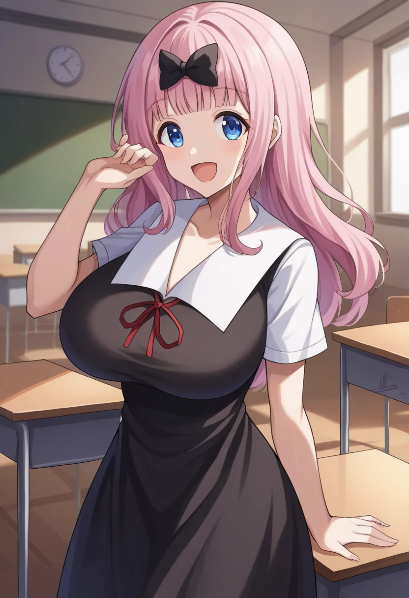 score_9, score_6_up, source_アニメ, 1girl, 独奏, classroom, cowboy shot, chika, Blue eyes, pink hair, hair bow, black bow, black dress, white sailor collar, neck ribbon, red ribbon, short sleeves, white shirt, smile, open mouth,Huge breasts 、Long chest