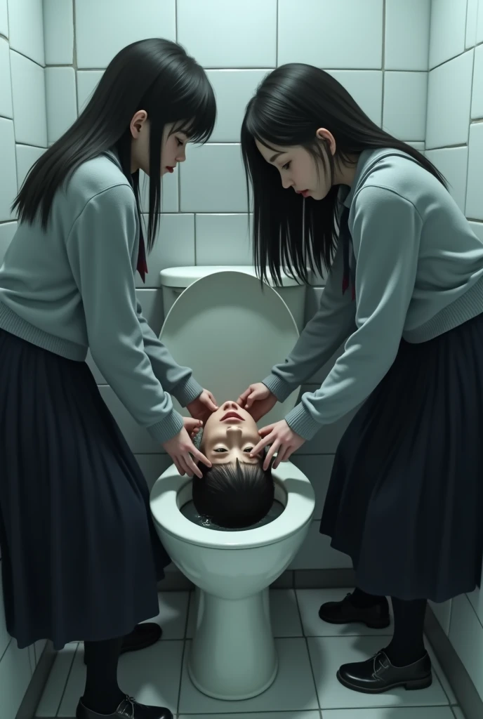 Group of girls with grey sweaters , long black skirts and long hair on her back putting a dead boy&#39;s head in the toilet 