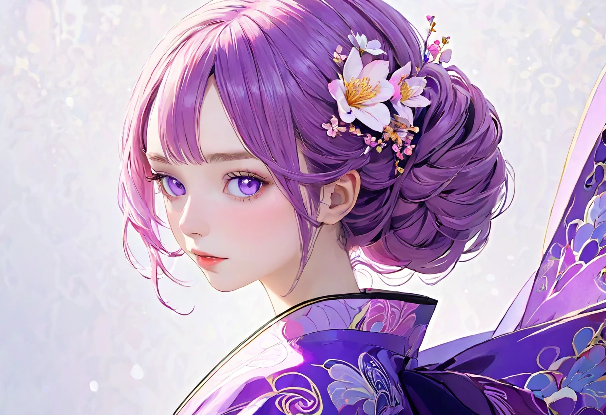 (((White background)))、2、Unity 8k wallpaper、Super detailed、Beautiful and aesthetic、masterpiece、Highest quality、(Fractal Art:1.3)、One Woman、, violet eyes, Beautiful violet  hair、Japanese、Big pink、Violet kimono、Japanese..., violet hair, violet eyes, chignon