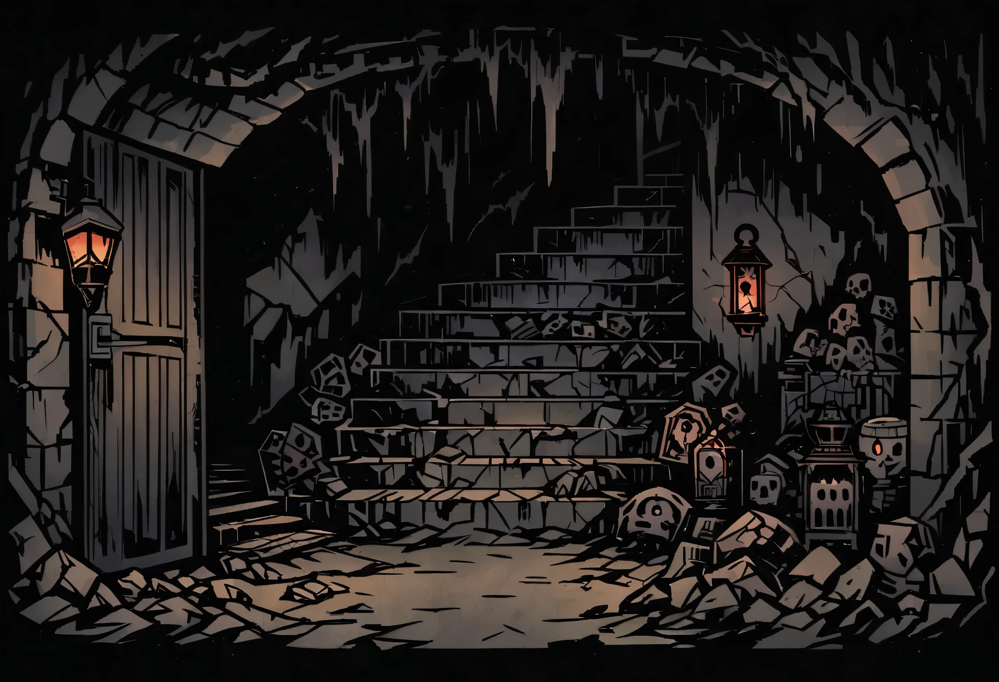 exit from abandoned underground shelter, darkness, stone stairs leading up to massive iron doors at the end of the way, atmosphere of fear, isolation, post-apocalypse, old broken lamps, gloom, Darkest Dungeon art, thick outlines style
