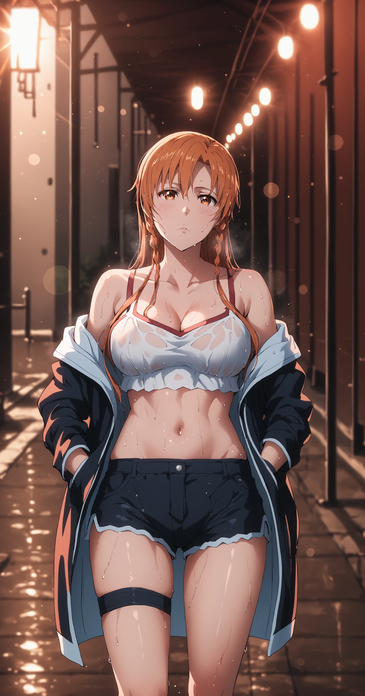 score_9, score_8_up, score_7_up, score_6_up, asuna yuuki from sword art online, orange hair, fold, braid, short hair, orange eyes, BREAK Anime Style, Manga Style, Hand drawn, cinematic, Sharp focus, humorous illustration, big depth of field, Masterpiece, concept art, trending on artstation, Vivid colors, Simplified style, trending on ArtStation, trending on CGSociety, Intricate, Vibrant colors, Soft Shading, Simplistic Features, Sharp Angles, Playful, excessive sweating, sweating profusely, sweating drop BREAK, shorts, jacket, ribbon, cleavage, solo, looking_at_viewer, wet, off_shoulder, bare_shoulders, navel, wet_clothes, short_shorts, thigh_strap, open_clothes, hands_in_pockets, midriff, black_shorts, standing, open_jacket, collarbone, outdoors, clothes_writing, (bokeh:1.3), backlighting, protruding breasts, 