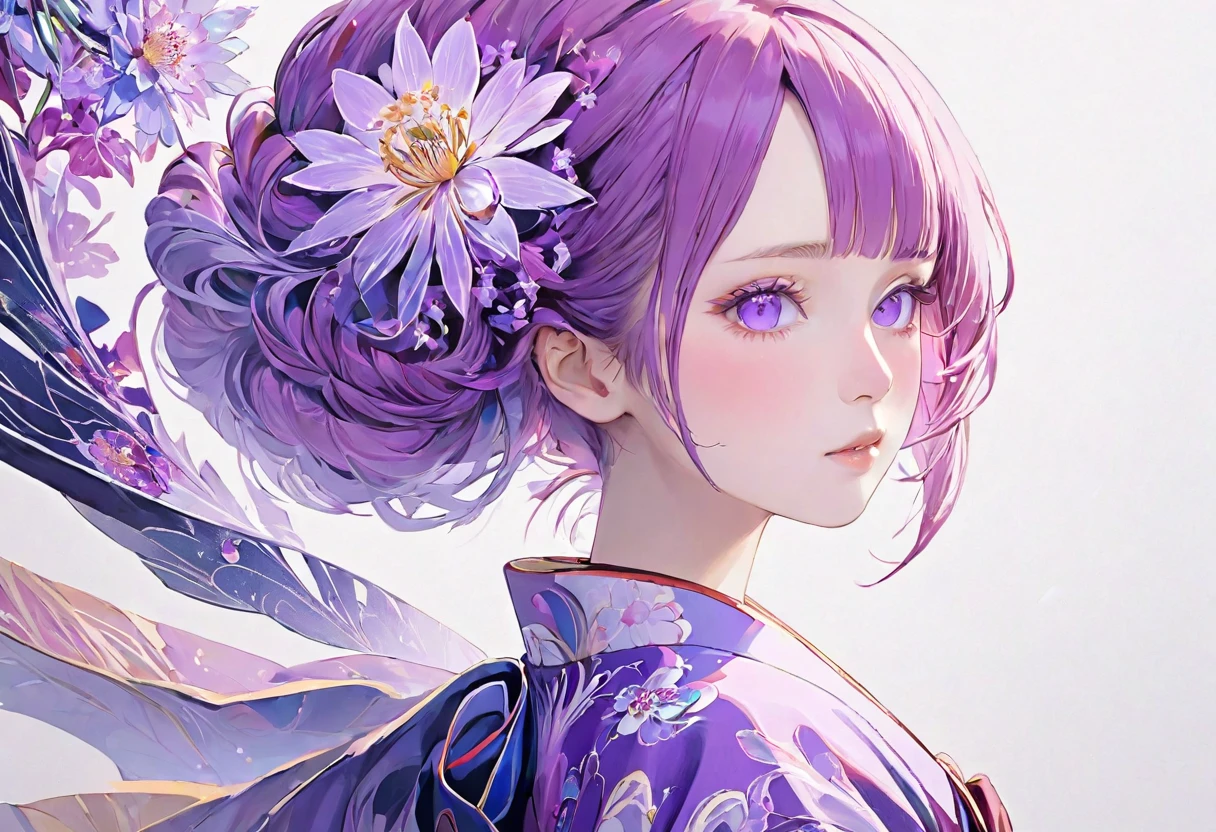 (((White background)))、2、Unity 8k wallpaper、Super detailed、Beautiful and aesthetic、masterpiece、Highest quality、(Fractal Art:1.3)、One Woman、, violet eyes, Beautiful violet  hair、Japanese、Big pink、Violet kimono、Japanese..., violet hair, violet eyes, chignon