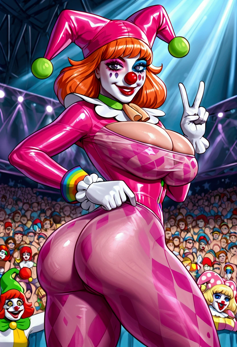 masterpiece, best quality, highres, before and after, instant liss, multiple views,nishikino maki,purple eyes,red hair, looking at viewer, sexy,(lipstick:0.6), rainbow bodysuit, breasts cutout,breasts out, cowboy shot,(solo),love live , breasts apart ,(sagging breasts:0.7), rainbow print, sitting on dildo, drooling, tongue out, pussy juice , arms support ,ahego,o mouth, clown ,teaes, street , rolling eyes, love live