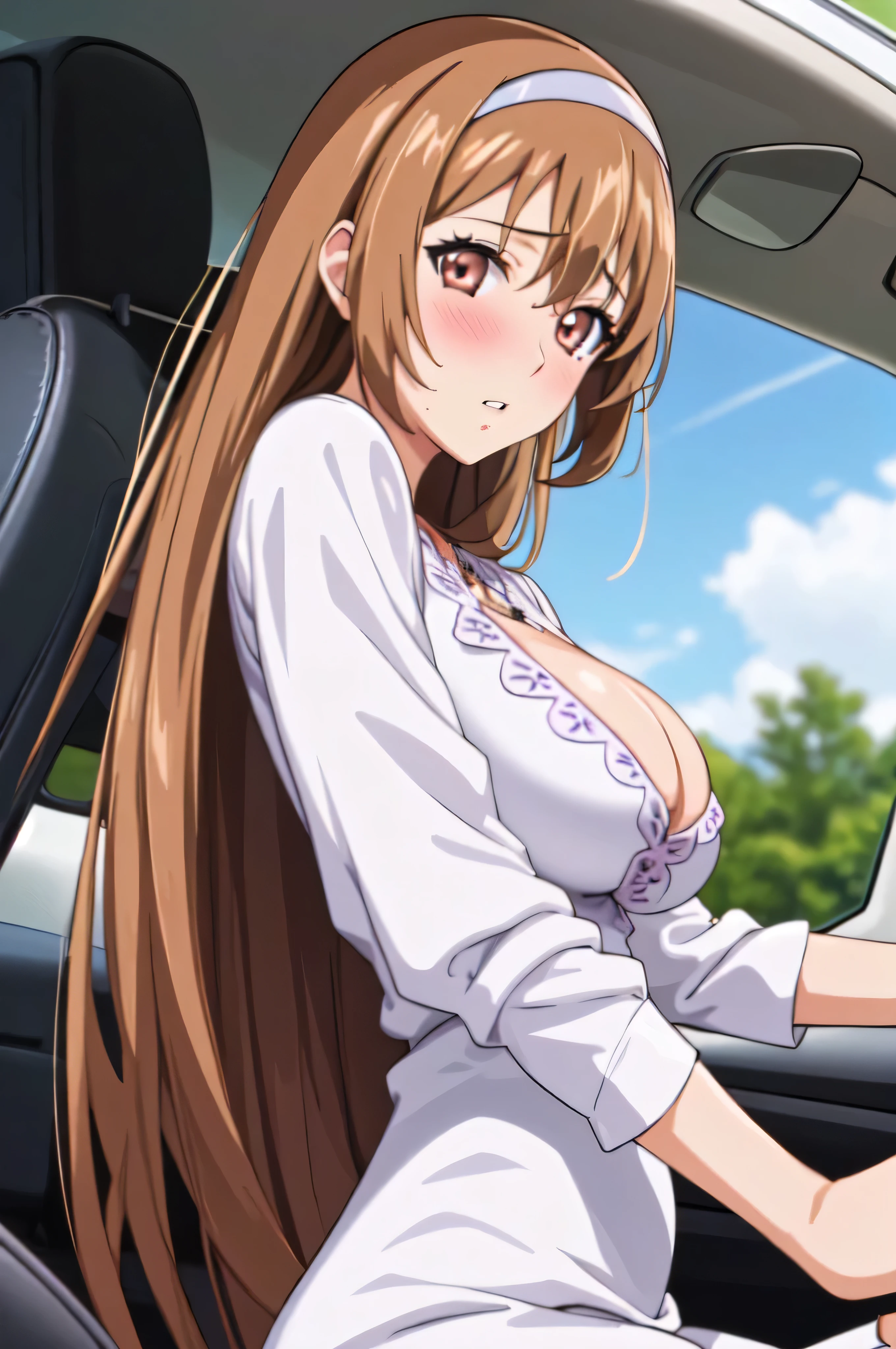 Ayumumo, One girl, alone, Hairbands, meanwhile, White Dress, Dress Lift, Sitting, blush, I parted my lips, Cleavage, looking at viewer, Inside the car, from side, upper body,