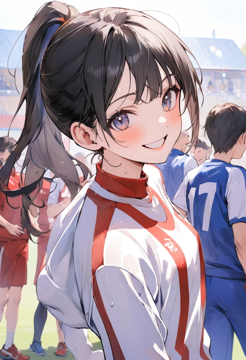 (One person, slim,Small breasts,bangs,Black Hair),ponytail, Super Detail, Attention to detail, high quality, 最high quality, High resolution,((Shout out)),(from side),(support),Sweat,sports meeting,fun,smile,Guest,Get excited,sports festival,((Gym suit)),Red rice cracker,Storytelling,playground,School grounds