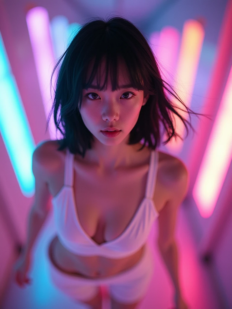 NSFW, Fashion photography portrait, full body, beautiful TWbabeXL01 in neon, sweating, in a soak dirty white dress shirt with water, transparent, no bra, bottomless, no underwear, sexy look, wet body with sweats and water drops, wet hair, (lofi, analog), kodak film by Stephen Wayda, in an old and dark shower room, dirty water, neon, showering from ceiling, mirror in the back, light on face, dynamic poses, 1girl, floating hairs, (RAW photo:1.2), (photorealistic:1.4), (masterpiece:1.3), (intricate details:1.2), (24 years old female), sunny, ruins, petite, medium breasts, narrow waist, (looking_at_viewer:1.4), from_front, slim_legs, (best quality:1.4), (ultra highres:1.2), cinema light, (extreme detailed illustration), (lipgloss, eyelashes, best quality, ultra highres, depth of field, caustics, Broad lighting, shading, 85mm, f/1.4, ISO 200, 1/160s:0.75), cyberpunk interior, one neon electronic arm, <lora:TWbabeXL01:0.7>