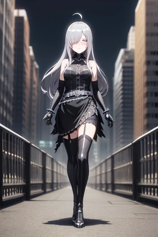 Masterpiece, best quality, ultra detailed, illustration, lighting epic, cinematic composition, 1 girl, Full body, 1, Depressed face, Silver eyes, Covered eyes, Blushing, Silver hair, Long hair, Ahoge, Bangs, Strand of hair covering her right eye, Full body, Very tall, Very small breasts, Thin body, Silver hood, Metal spikes, Silver wristbands, Long black gloves with spikes, Silver gothic outfit, Gothic ****ta, Gray dress, Metal emblem, Black belt, Metal skin, Black stockings, Black shoes, City stop, City background, Anime
