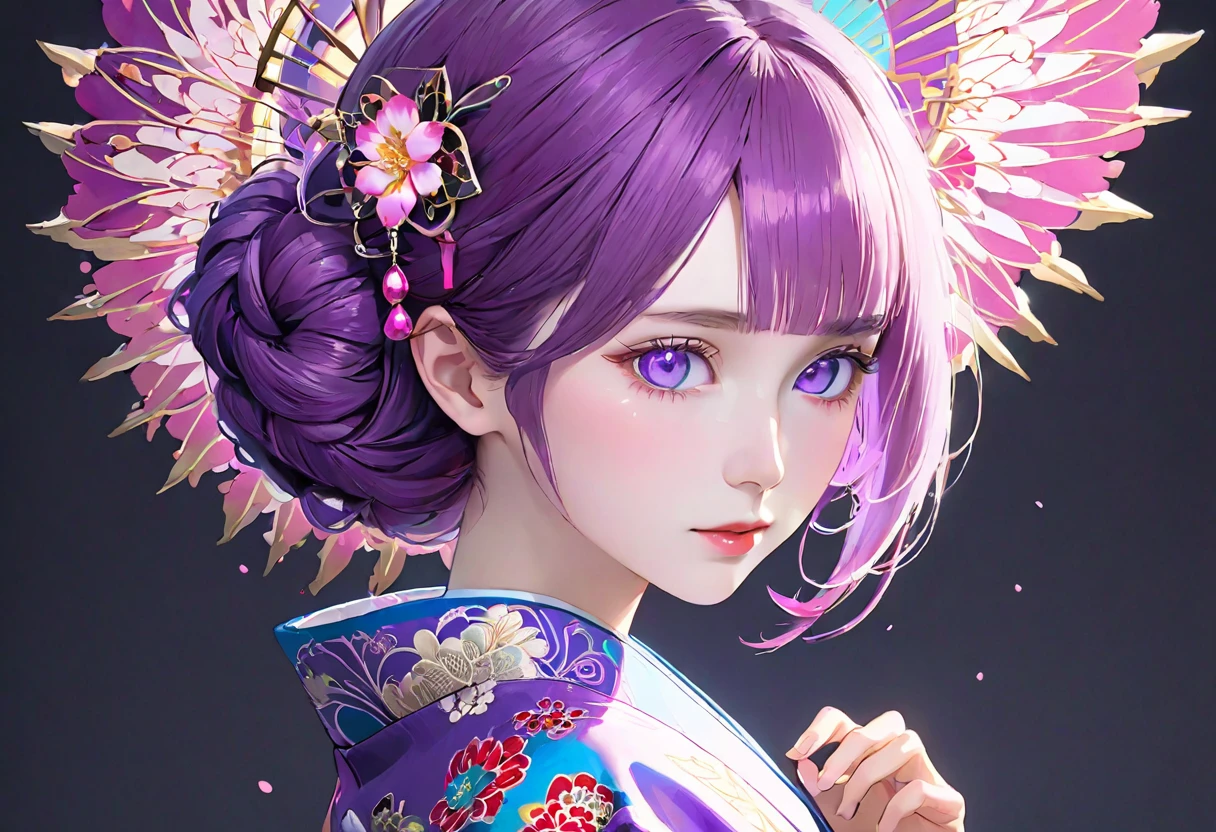 (((White background)))、2、Unity 8k wallpaper、Super detailed、Beautiful and aesthetic、masterpiece、Highest quality、(Fractal Art:1.3)、One Woman、, violet eyes, Beautiful violet  hair、Japanese、Big pink、Violet kimono、Japanese..., violet hair, violet eyes, chignon