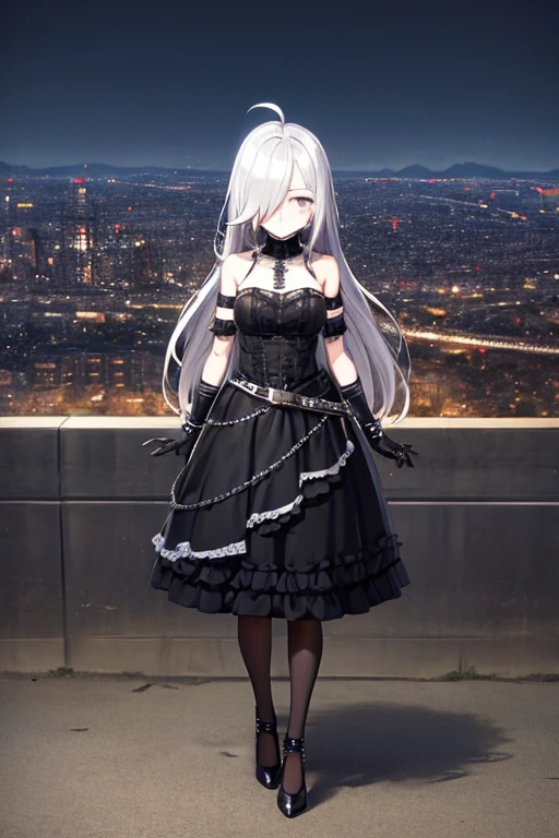 Masterpiece, best quality, ultra detailed, illustration, lighting epic, cinematic composition, 1 girl, Full body, 1, Depressed face, Silver eyes, Covered eyes, Blushing, Silver hair, Long hair, Ahoge, Bangs, Strand of hair covering her right eye, Full body, Very tall, Very small breasts, Thin body, Silver hood, Metal spikes, Silver wristbands, Long black gloves with spikes, Silver gothic outfit, Gothic ****ta, Gray dress, Metal emblem, Black belt, Metal skin, Black stockings, Black shoes, City stop, City background, Anime
