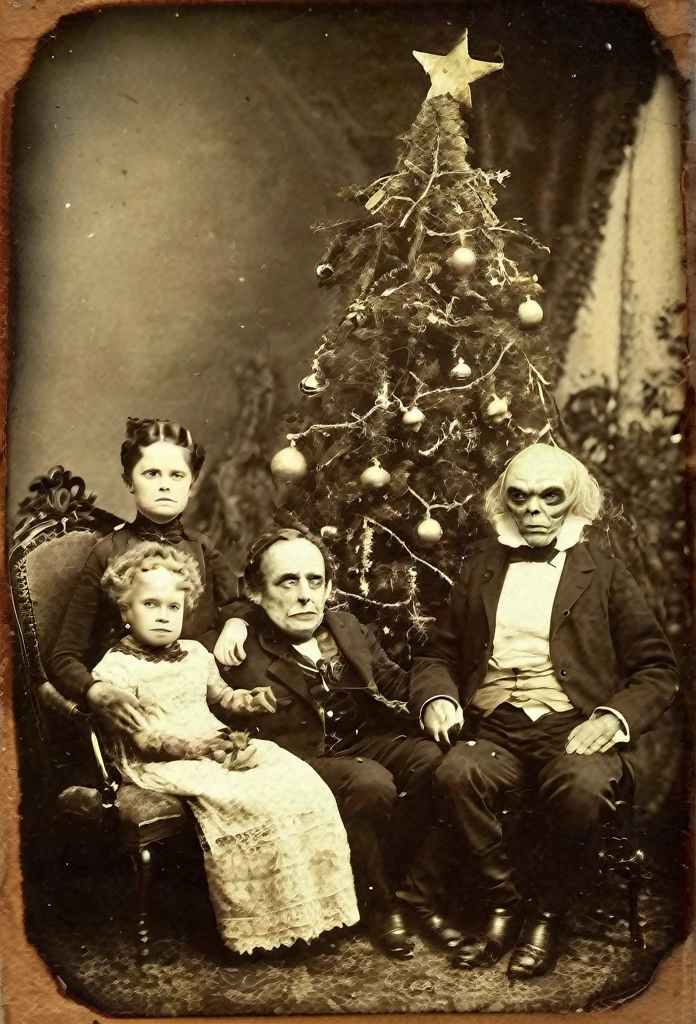 daguerreotype photo of an alien from space as he is sitting with a family next to a christmas tree, turn the adults INTO zombies and the chipdren into space aliens masterpiece,