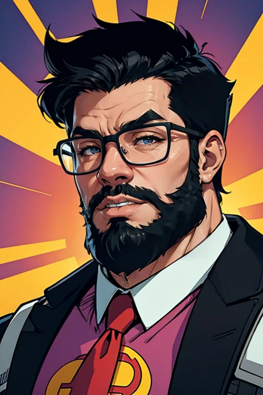 a man with glasses, beard, black eyes, 80s comic style grid, 2d cartoon, thick outlines, shoulders-up, highly detailed, enhanced 2d cartoon, vivid colors, dynamic composition, dramatic lighting, cinematic framing, intricate background details, exaggerated features, bold lines, retro aesthetic, dynamic poses, expressive character
 ((more detail, enhnaced_2D-cartoon))