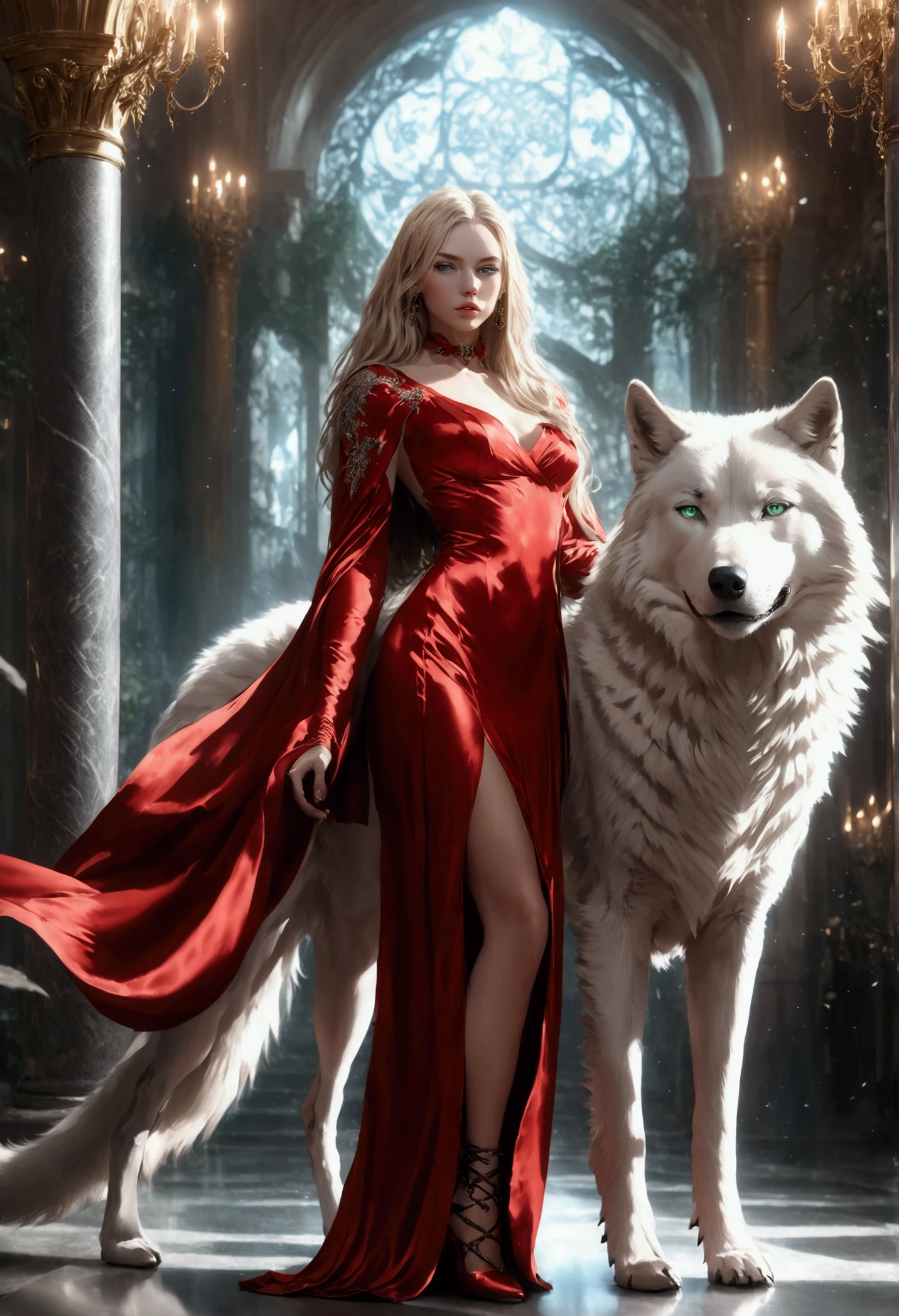 fantasy art, RPG art, ultra wide shot, RAW, photorealistic, a picture of woman and her (white: 1.4) wolf pet, the woman,  an exquisite beautiful human woman, long blond hair, braided hair, green eyes, wearing elegant silk dress, intricate dress,  wearing (red cloak: 1.1), wearing high heeled boots, standing in a fantasy ballroom, an epic ((white)) wolf stands near her, glowing blue eyes, protecting her, fantasy ballroom at night background, best quality, 16k, [ultra detailed], masterpiece, best quality, (ultra detailed), full body, ultra wide shot, photorealism