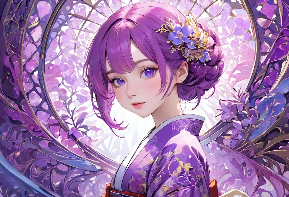 (((White background)))、2、Unity 8k wallpaper、Super detailed、Beautiful and aesthetic、masterpiece、Highest quality、(Fractal Art:1.3)、One Woman、, violet eyes, Beautiful violet  hair、Japanese、Big pink、Violet kimono、Japanese..., violet hair, violet eyes, chignon