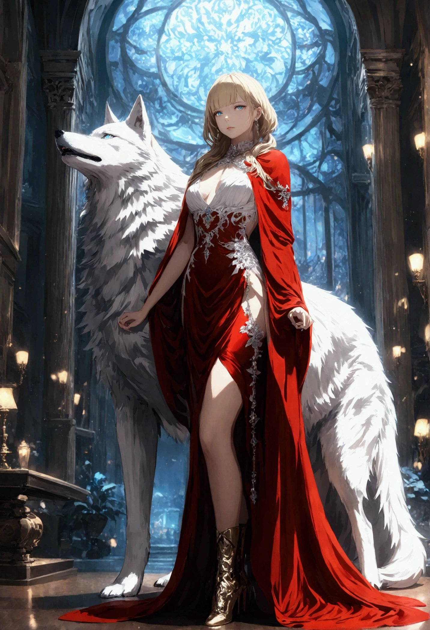 fantasy art, RPG art, ultra wide shot, RAW, photorealistic, a picture of woman and her (white: 1.4) wolf pet, the woman,  an exquisite beautiful human woman, long blond hair, braided hair, green eyes, wearing elegant silk dress, intricate dress,  wearing (red cloak: 1.1), wearing high heeled boots, standing in a fantasy ballroom, an epic ((white)) wolf stands near her, glowing blue eyes, protecting her, fantasy ballroom at night background, best quality, 16k, [ultra detailed], masterpiece, best quality, (ultra detailed), full body, ultra wide shot, photorealism