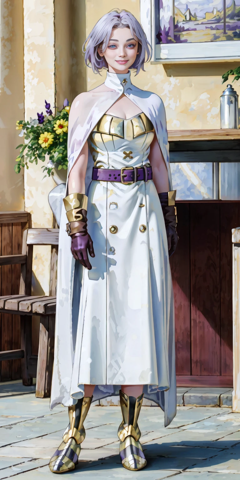 (Female chest covered)(smile) Gray skin, pale golden hair and violet eyes. She prefers clothing of white and silver with cloaks of deep blue or purple, village background, huge_knockers ((very precise detailed)) ((highres) (masterpiece, best quality), 1girl, KnightFFT, WHITE cape, armor, WHITE dress, belt, gloves, boots