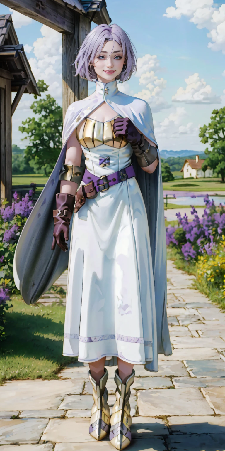 (Female chest covered)(smile) Gray skin, pale golden hair and violet eyes. She prefers clothing of white and silver with cloaks of deep blue or purple, village background, huge_knockers ((very precise detailed)) ((highres) (masterpiece, best quality), 1girl, KnightFFT, WHITE cape, armor, WHITE dress, belt, gloves, boots