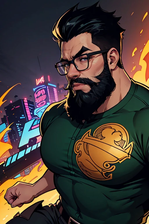 a man with glasses, beard, black eyes, 2D comic style, 2D cartoon, thick outlines, shoulders-up, highly detailed, enhanced 2D cartoon, vivid colors, dynamic composition, dramatic lighting, cinematic framing, intricate background details, exaggerated features, bold lines, retro aesthetic, dynamic poses, expressive character, (more detail:1.2), (enhanced_2D-cartoon:1.2)