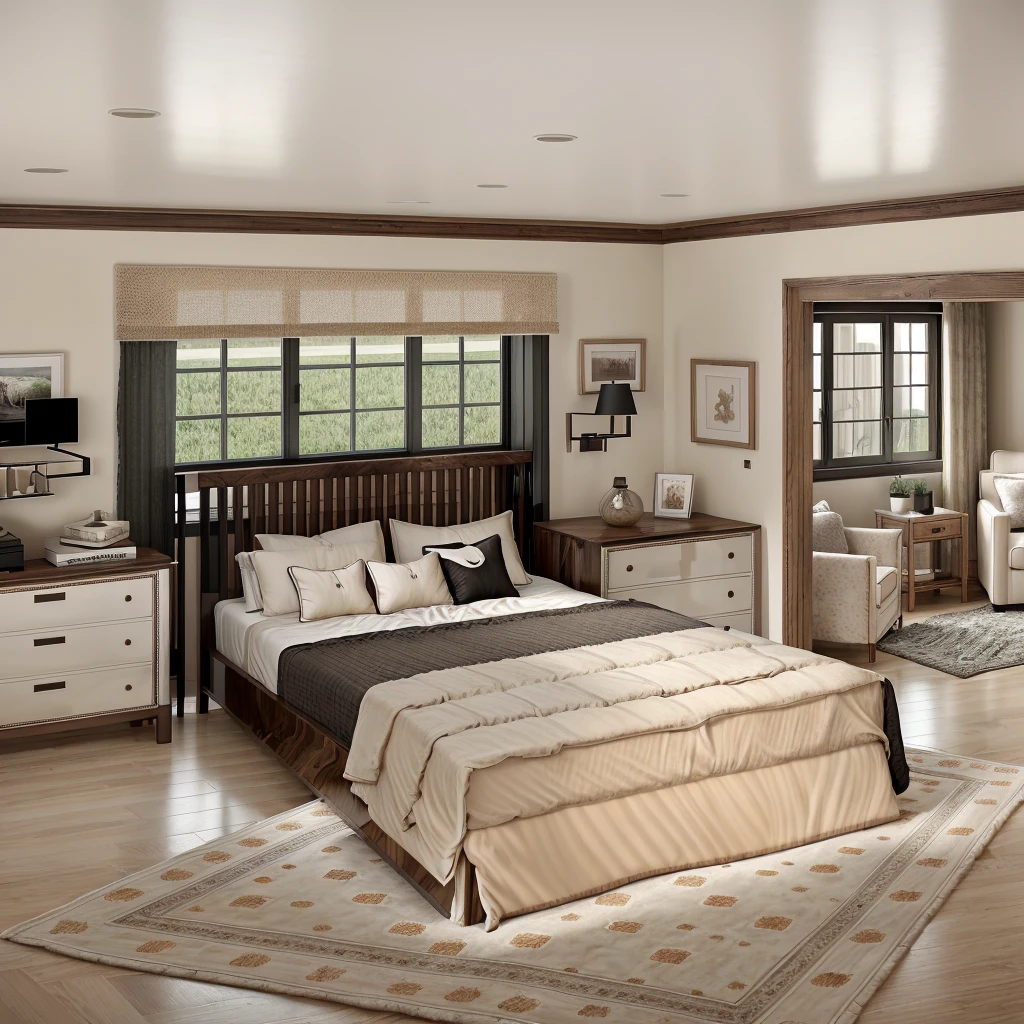 best quality, masterpiece, interior design, cream tones, glossy dark wood floors, 1000k, farmhouse style:1.2, bedroom