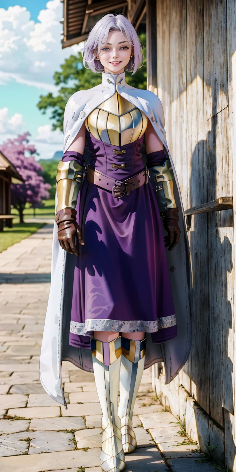 (Female chest covered)(smile) Gray skin, pale golden hair and violet eyes. She prefers clothing of white and silver with cloaks of deep blue or purple, village background, huge_knockers ((very precise detailed)) ((highres) (masterpiece, best quality), 1girl, KnightFFT, WHITE cape, armor, WHITE dress, belt, gloves, boots