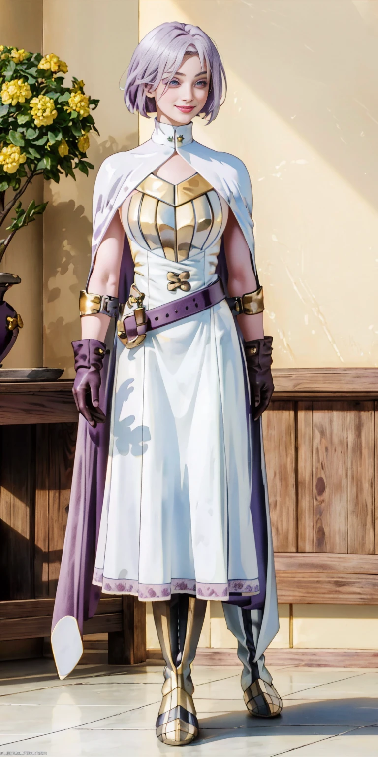 (Female chest covered)(smile) Gray skin, pale golden hair and violet eyes. She prefers clothing of white and silver with cloaks of deep blue or purple, village background, huge_knockers ((very precise detailed)) ((highres) (masterpiece, best quality), 1girl, KnightFFT, WHITE cape, armor, WHITE dress, belt, gloves, boots