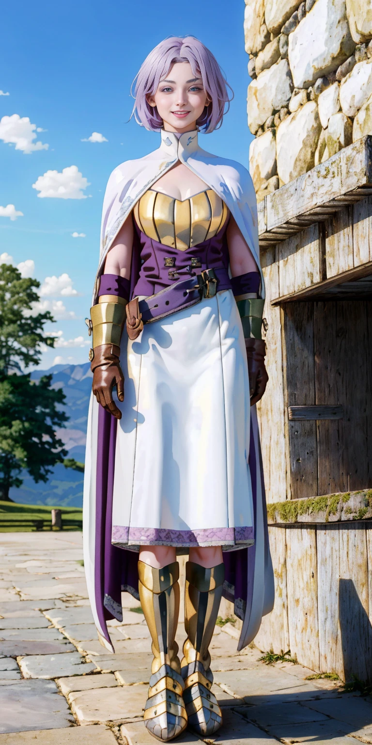 (Female chest covered)(smile) Gray skin, pale golden hair and violet eyes. She prefers clothing of white and silver with cloaks of deep blue or purple, village background, huge_knockers ((very precise detailed)) ((highres) (masterpiece, best quality), 1girl, KnightFFT, WHITE cape, armor, WHITE dress, belt, gloves, boots