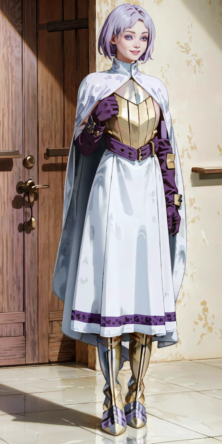 (Female chest covered)(smile) Gray skin, pale golden hair and violet eyes. She prefers clothing of white and silver with cloaks of deep blue or purple, village background, huge_knockers ((very precise detailed)) ((highres) (masterpiece, best quality), 1girl, KnightFFT, WHITE cape, armor, WHITE dress, belt, gloves, boots